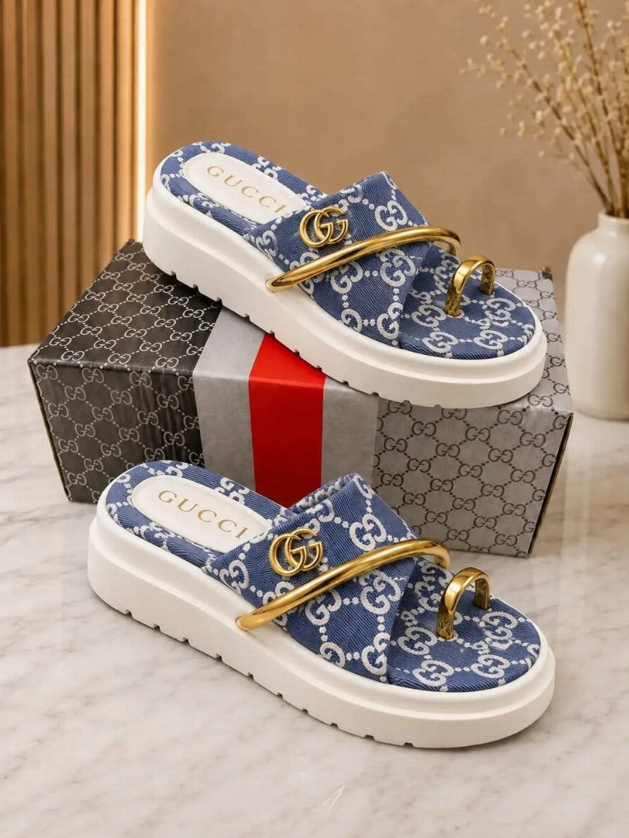 SANDALIA GUCCI ARO - AZUL/BCO/OURO