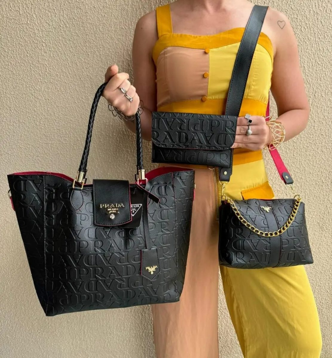 KIT 3 PEÇAS PRADA LACINHO - PRETA/VERMELHO