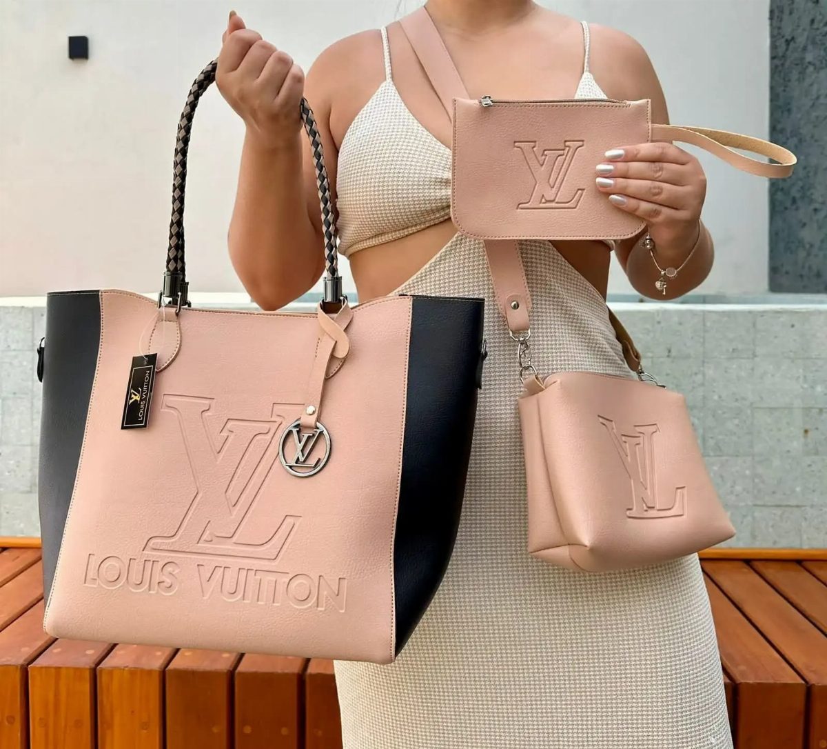 BOLSA LV DUO 3 PEÇAS - NUDE/PRETA