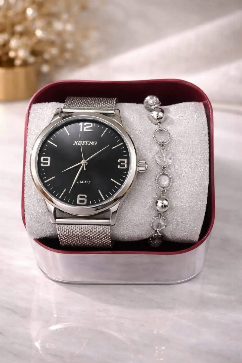 RELÓGIO QUARTZ + PULSEIRA - PRATA/PRETO