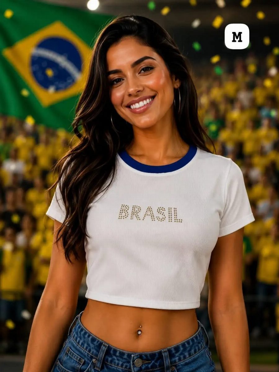 CROPPED BRASIL FEMININO - BRANCO/OURO